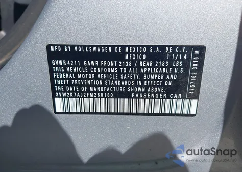 2015 Volkswagen Jetta 2.0L S z USA, uszkodzony, nr VIN 3VW2K7AJ2FM260180